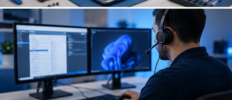 Soporte remoto — técnico con audífonos asistiendo a distancia